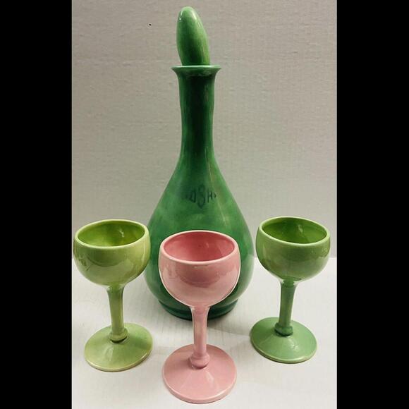 Other - Vintage Green Ceramic Vase Signed DS- w/ 3 Wine Glass - Dated Back 1951 Original